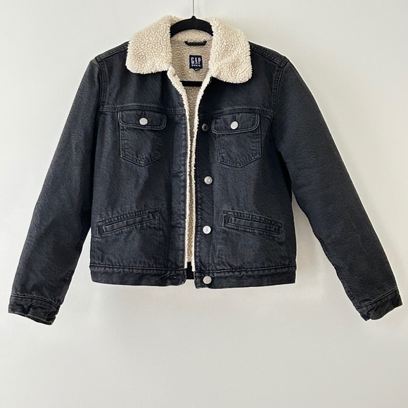 Gap Black Denim Sherpa Lined Trucker Chore Jacket - Picture 1 of 16